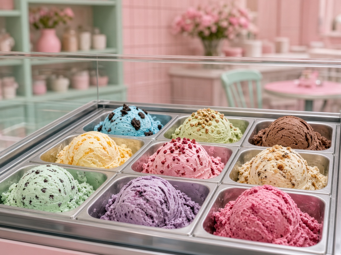 Bunte Eiskugeln in der Vitrine von Angebotswende