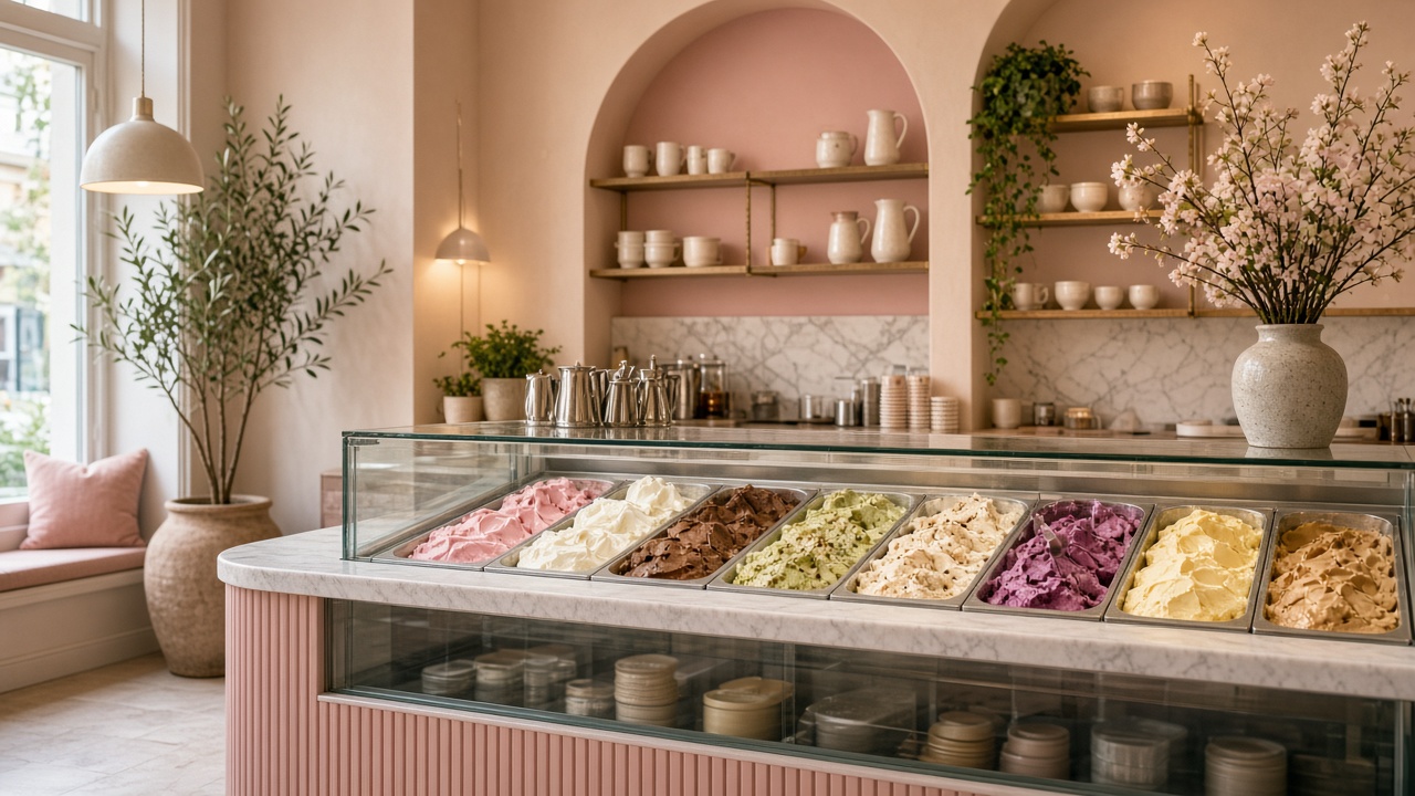 Eistheke mit Sorten bei Angebotswende in Graz